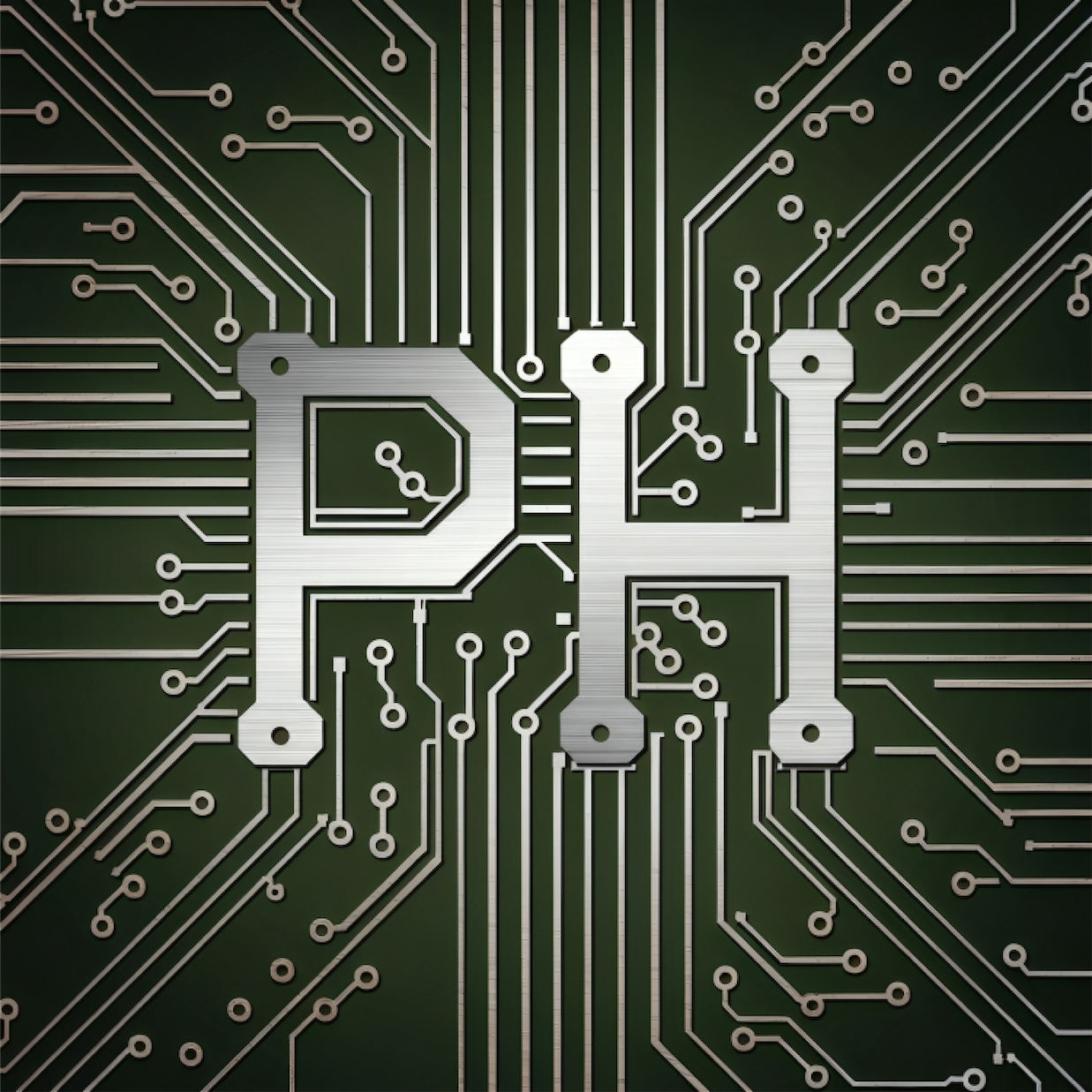Stylized metallic letters PH integrated into a circuit board design